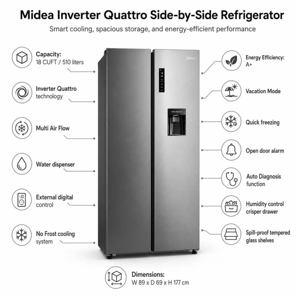 MIDEA 18 CU.FT SIDE BY SIDE REFRIGERATOR SILVER 115V | MDRS710FGG46INVWD - Image 