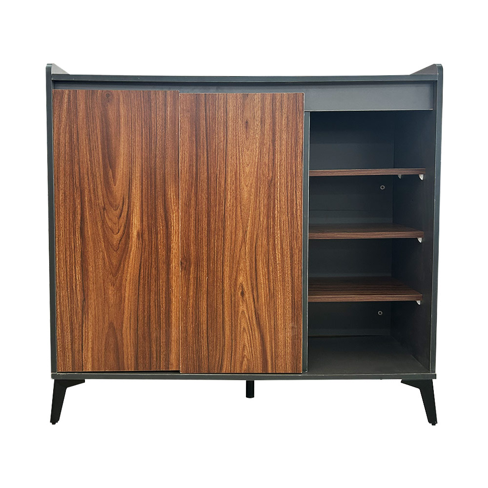 PRIMO four-tier storage cabinet with brown wood doors.