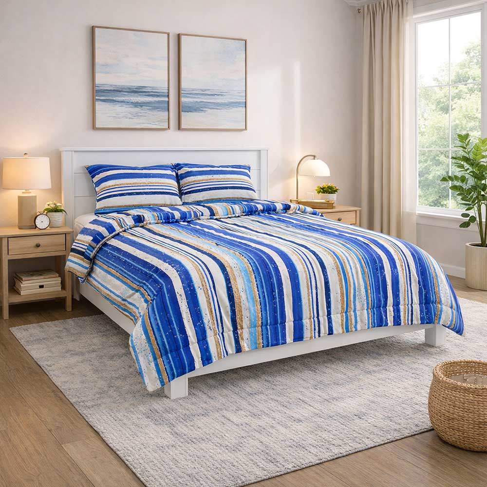 Christy’s navy blue striped 3pc comforter set bedroom