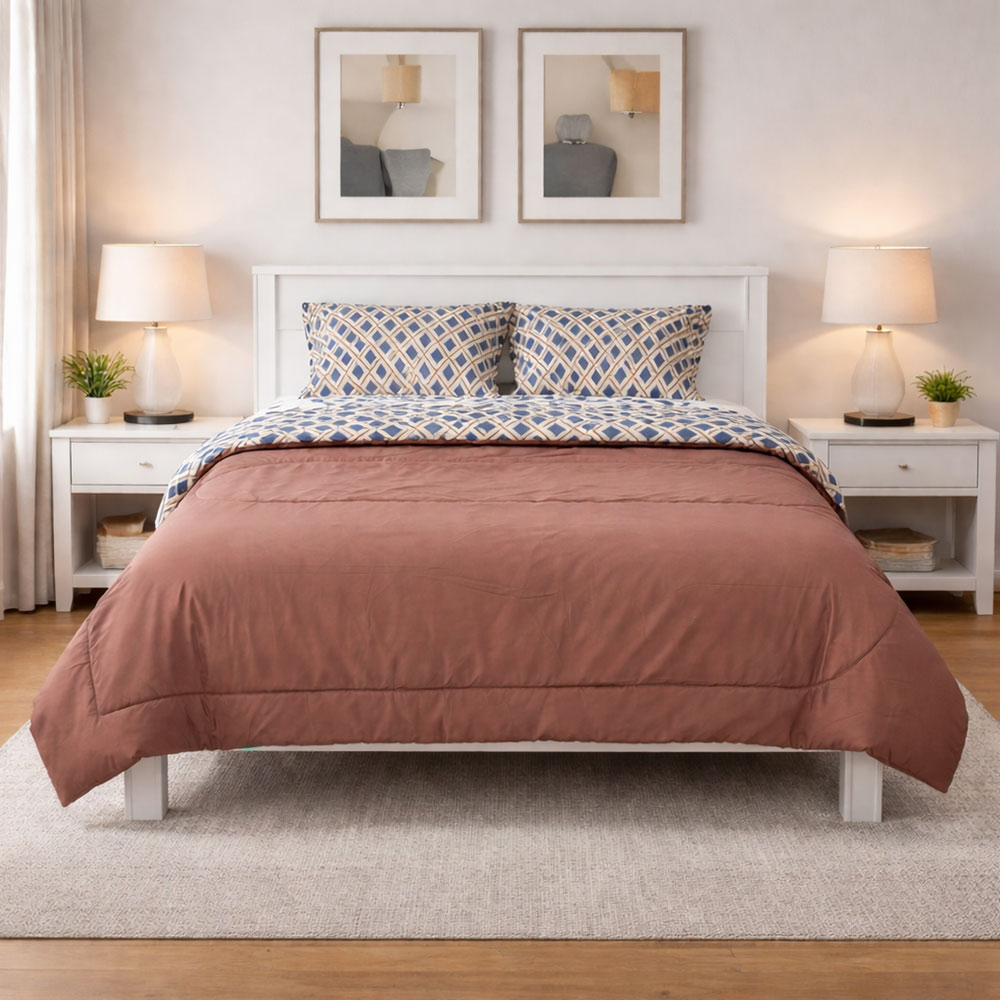 Reversible light brown comforter set with matching shams