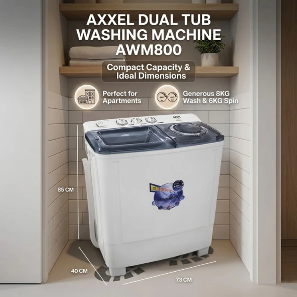 AXXEL 8KG SEMI-AUTOMATIC TWIN TUB WASHING MACHINE 110V WHITE | AWM800 - Image 