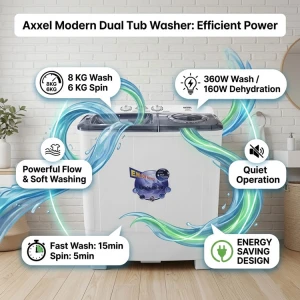 AXXEL 8KG SEMI-AUTOMATIC TWIN TUB WASHING MACHINE 110V WHITE | AWM800 - Image 