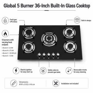 GLOBAL 5 BURNERS 36" BUILT-IN GLASS COOKTOP | L0905004 - Image 