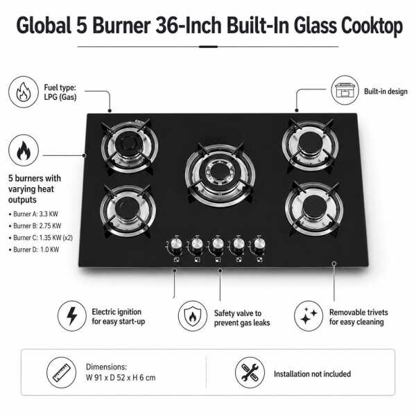GLOBAL 5 BURNERS 36" BUILT-IN GLASS COOKTOP | L0905004 - Image 