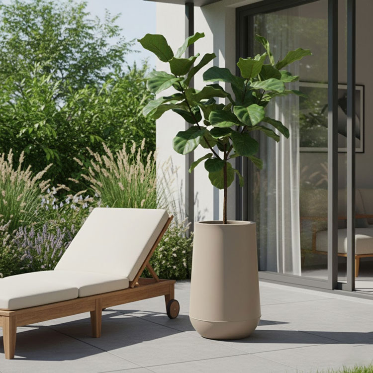 UV resistant beige Allure planter on sunny patio
