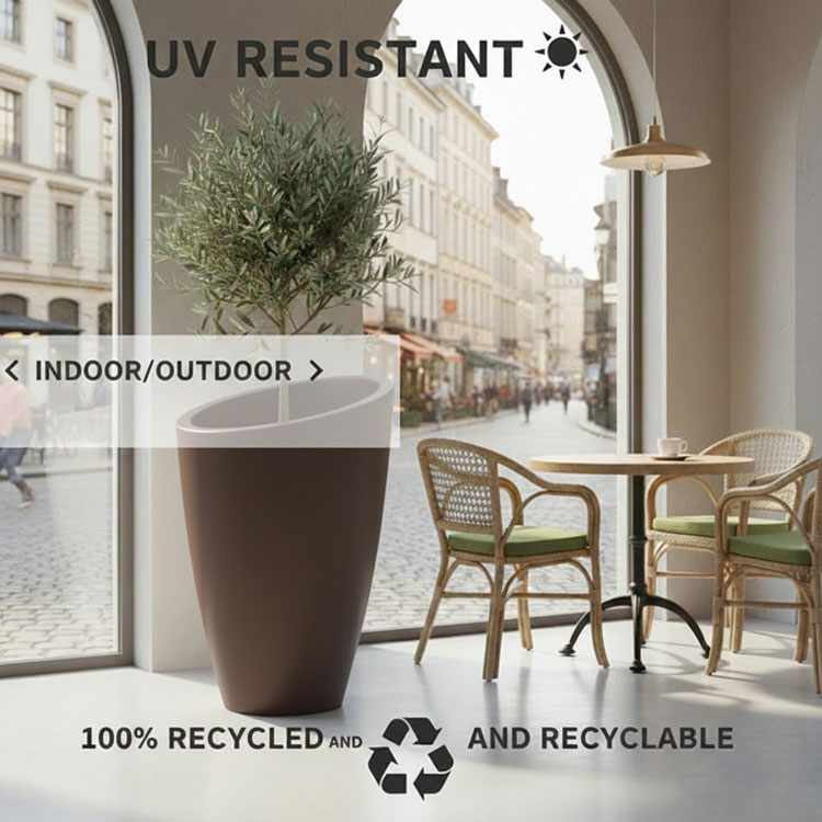 UV resistant brown planter in sunlit cafe.