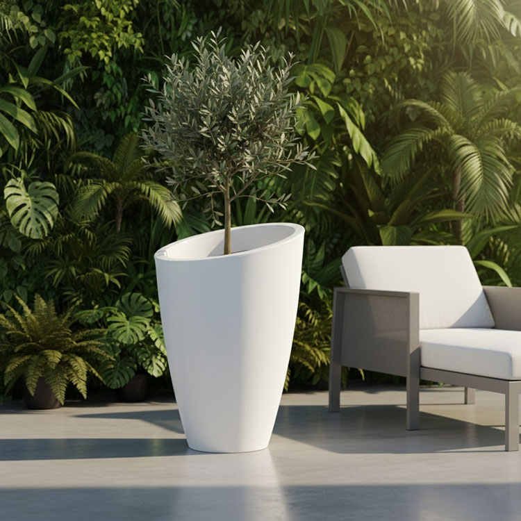 Brown minimalist planter with olive tree outdoors.