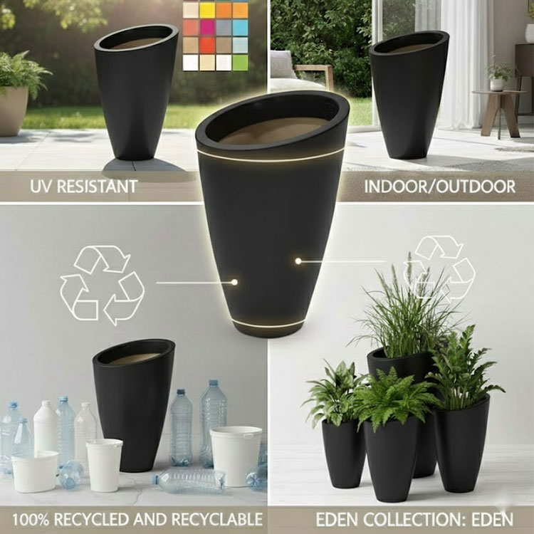 Black modern tapered planter in a minimalist living room.