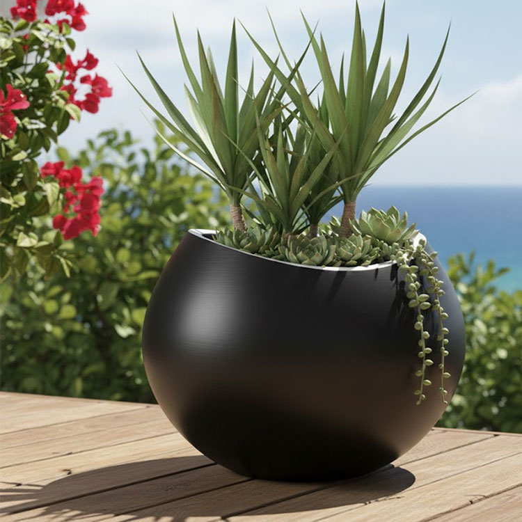 Large black round planter with tropical succulents outdoors.