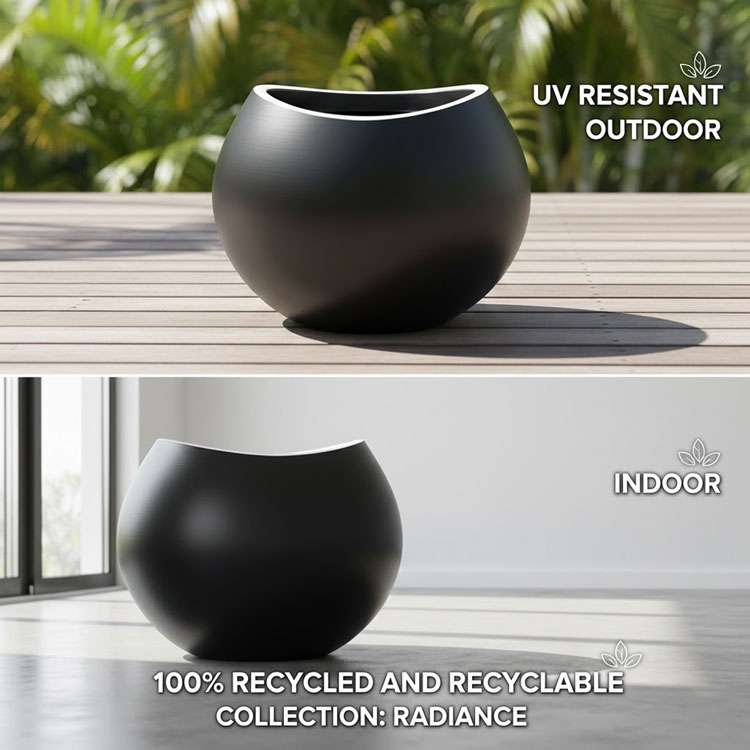 Black UV resistant round plant pot on deck.