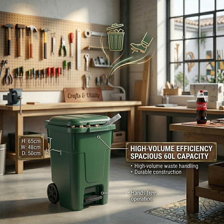 60L green pedal dustbin in a workshop.