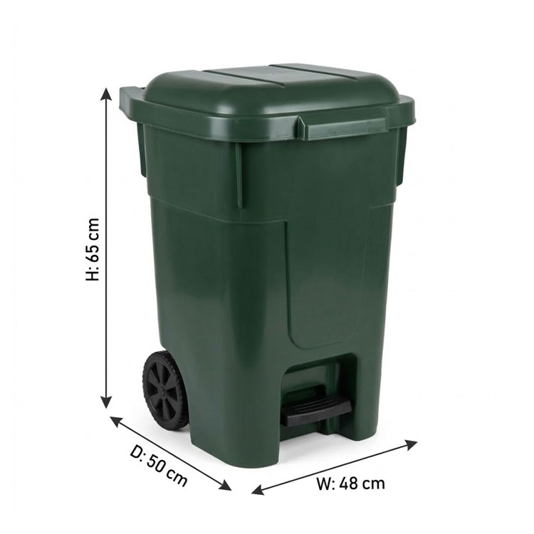Dimensions of 60L green wheeled pedal bin.