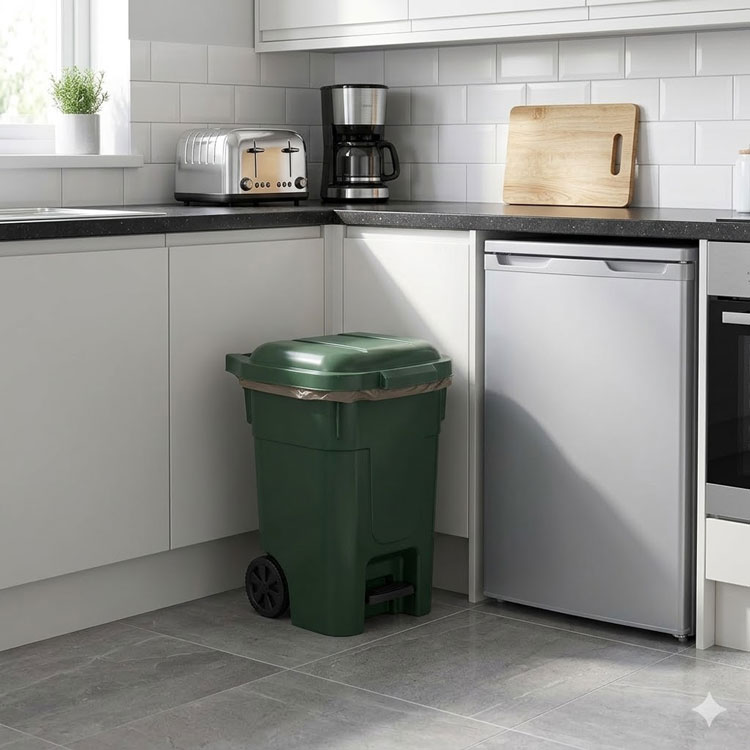 60L green pedal bin in modern kitchen.