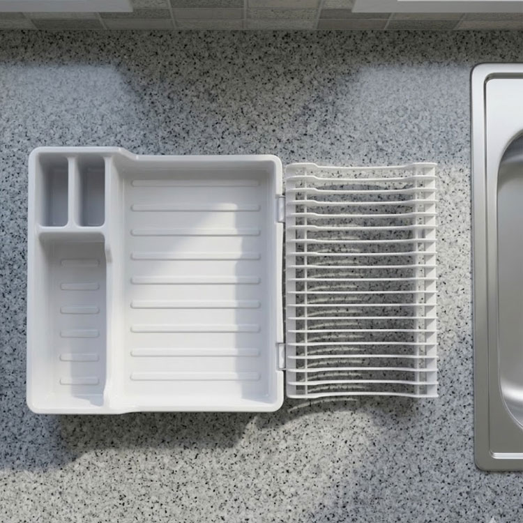 Top view of white expandable dish drying rack.