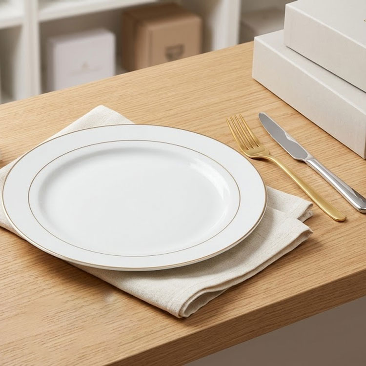 White porcelain plate with gold trim on linen.