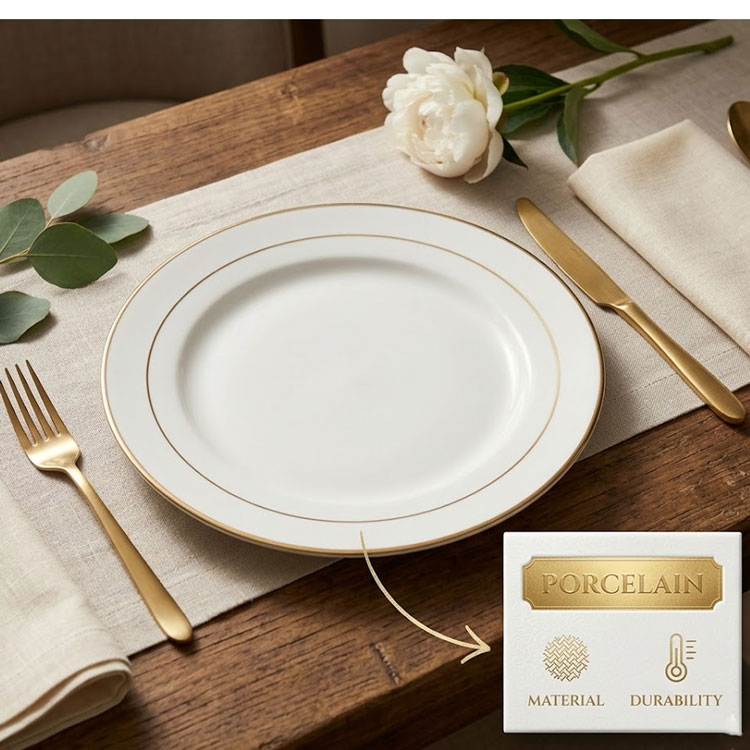 Durable white porcelain plate on wooden table.