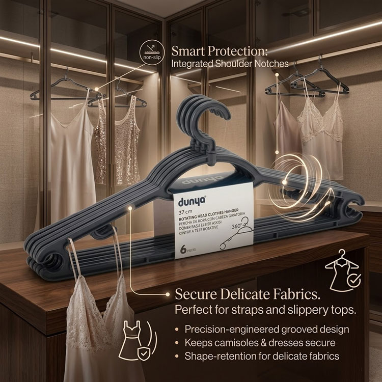 Non-slip plastic hangers with integrated shoulder notches.