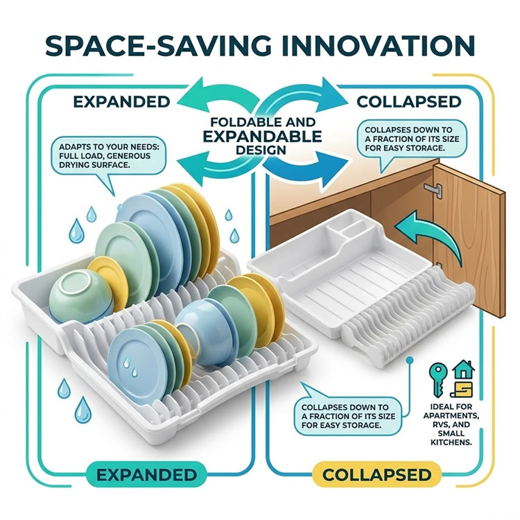Infographic showing expanded and collapsed dish rack design.