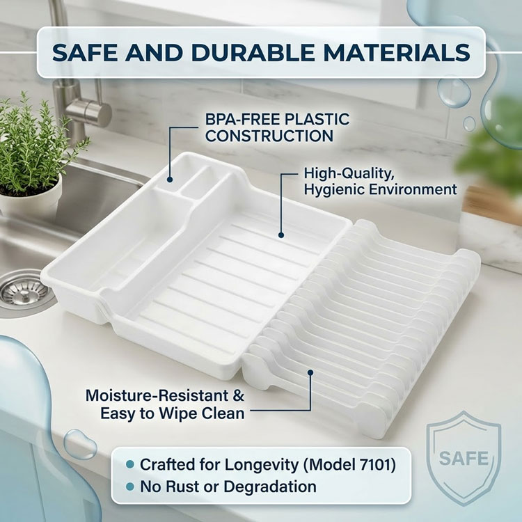 White BPA-free plastic dish rack on kitchen counter.