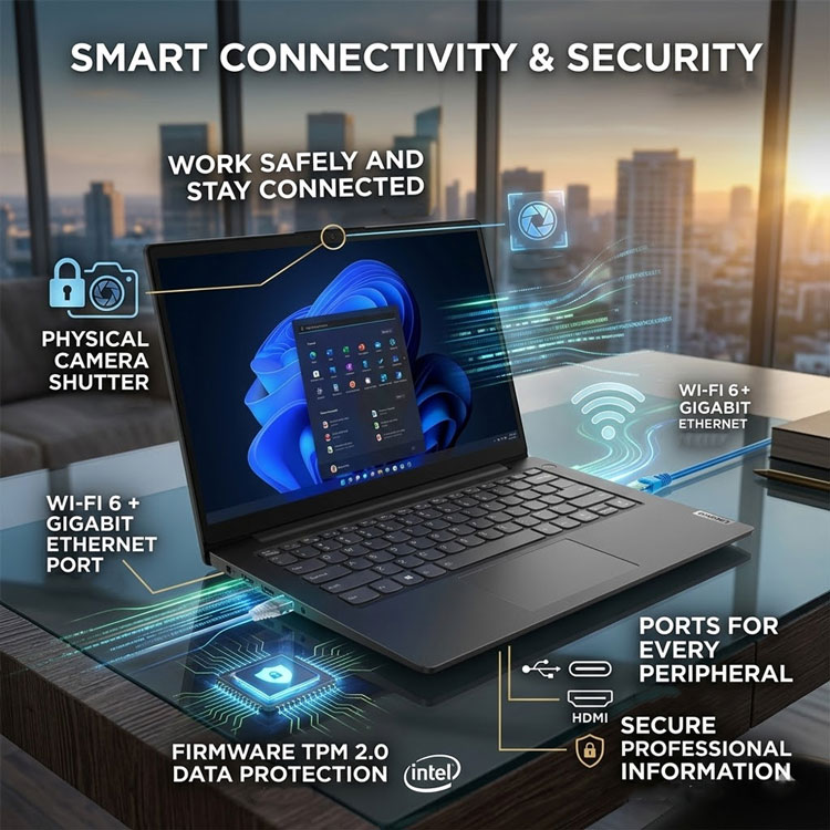 Lenovo laptop security features and connectivity ports.