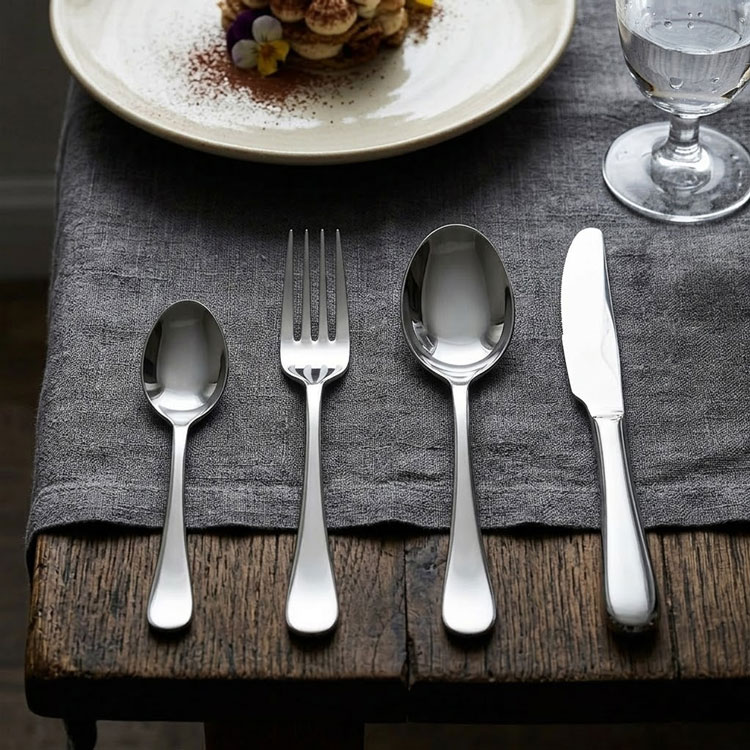 Silver cutlery set on grey linen napkin.