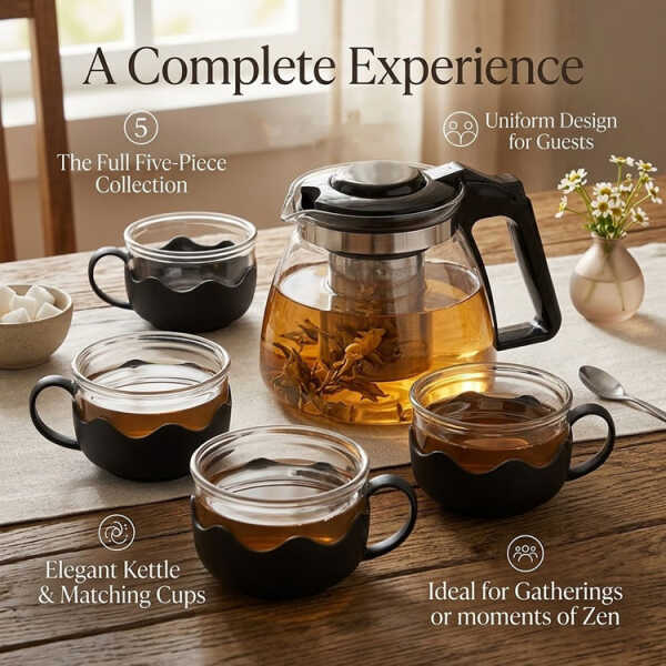 5PCS GLASS TEA SET (1 TEA POT & 4 TEA CUPS) | 86998 - Image 