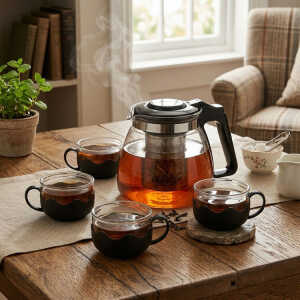 5PCS GLASS TEA SET (1 TEA POT & 4 TEA CUPS) | 86998 - Image 