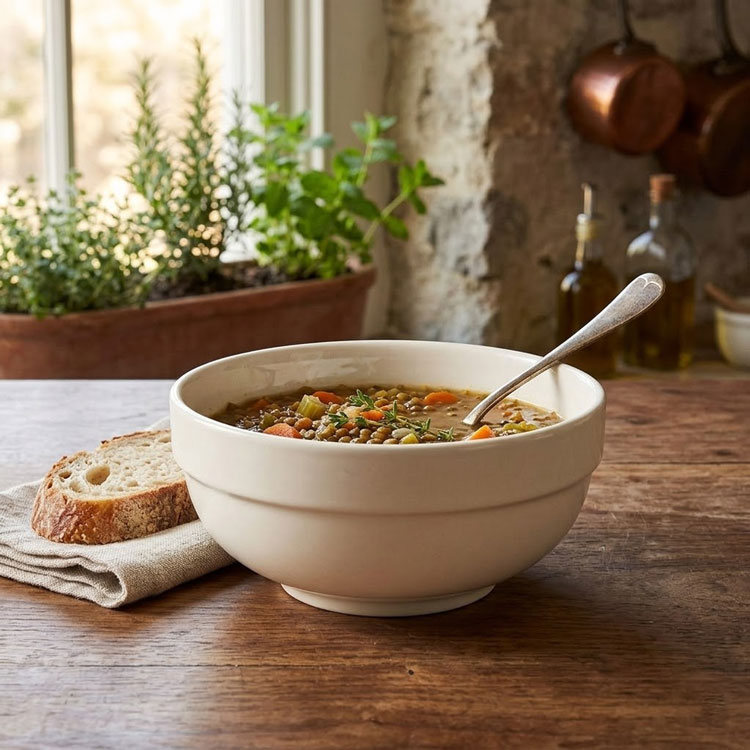 Ivory porcelain bowl with hearty lentil soup.