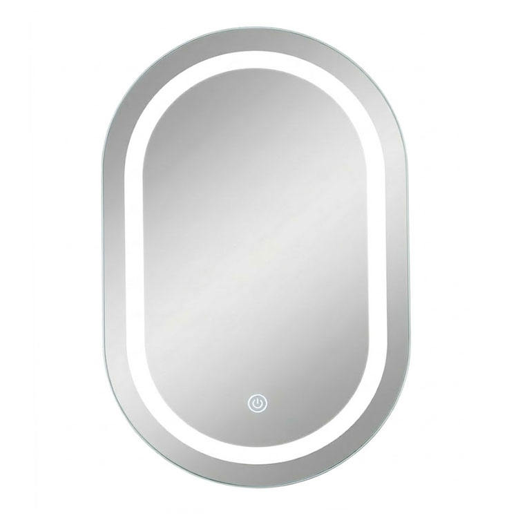 Frameless pill shaped LED mirror 60x80cm dimensions.