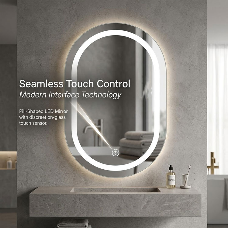 Pill shaped mirror with integrated touch sensor control.