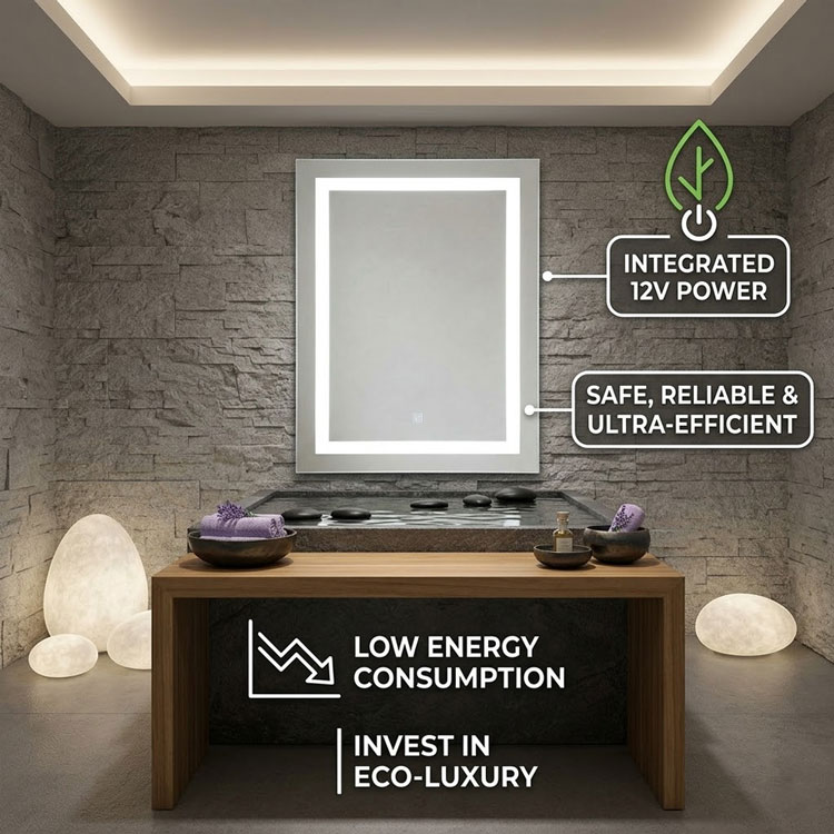 Energy efficient 12V powered LED bathroom mirror.