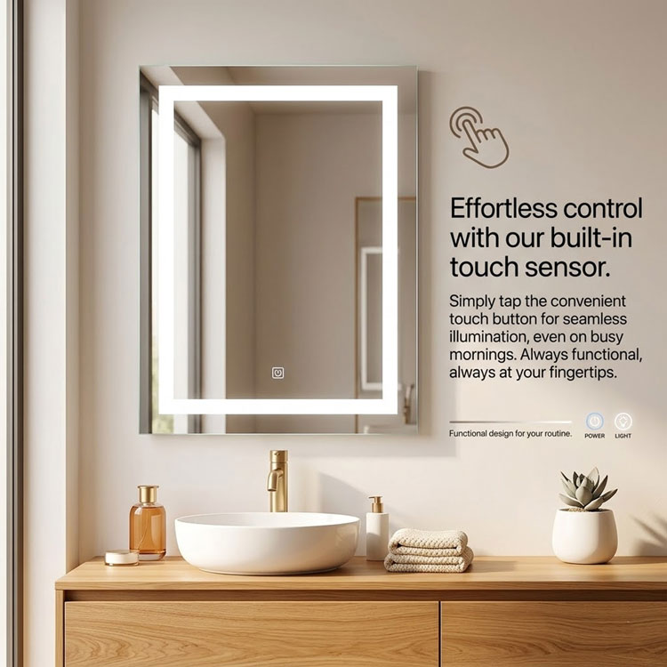 Close-up of integrated touch sensor on LED mirror.