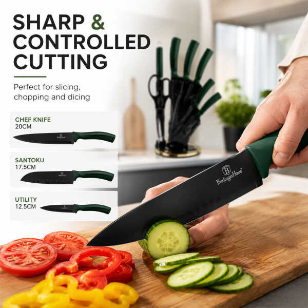 BERLINGER HAUS 8PCS KNIFE SET W/ACRYLIC STAND EMERGENCY METER IN POSITION BLACK GREEN | BH-2563 - Image 