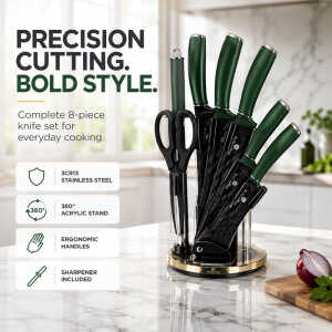 BERLINGER HAUS 8PCS KNIFE SET W/ACRYLIC STAND EMERGENCY METER IN POSITION BLACK GREEN | BH-2563 - Image 