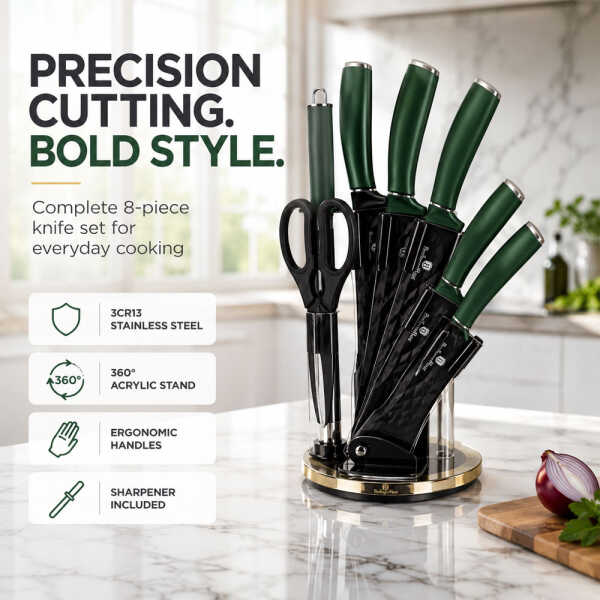 BERLINGER HAUS 8PCS KNIFE SET W/ACRYLIC STAND EMERGENCY METER IN POSITION BLACK GREEN | BH-2563 - Image 