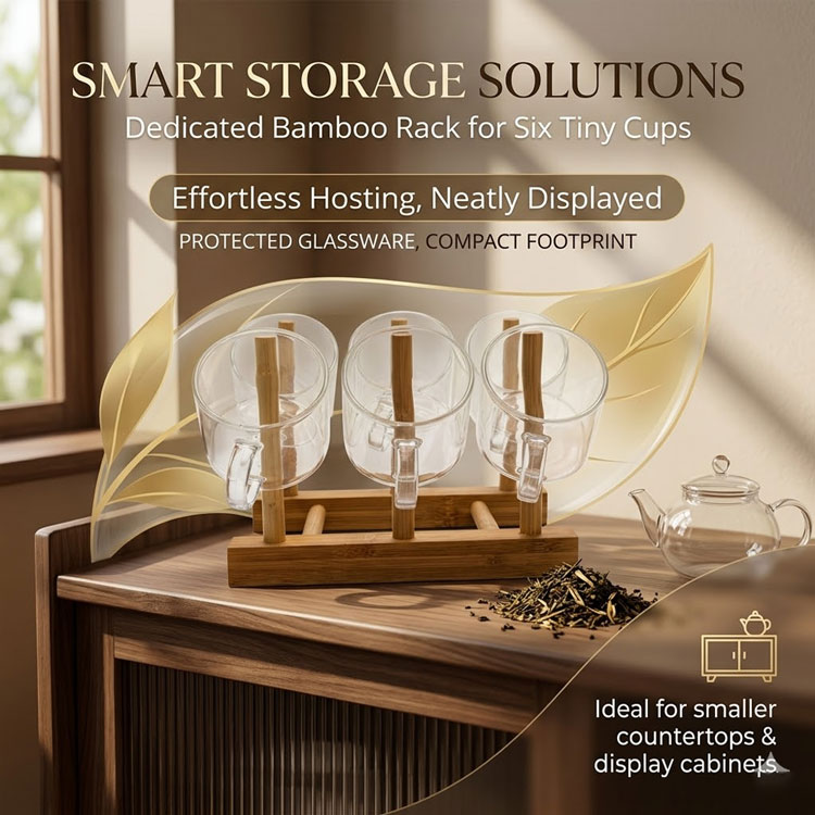 Six glass tea cups on bamboo storage rack.