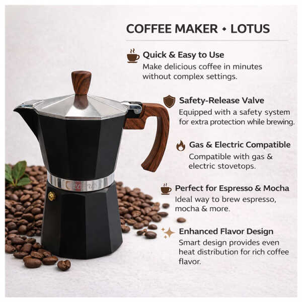 LOTUS ESPRESSO STOVETOP COFFEE MAKER | LT-T60-BLK - Image 