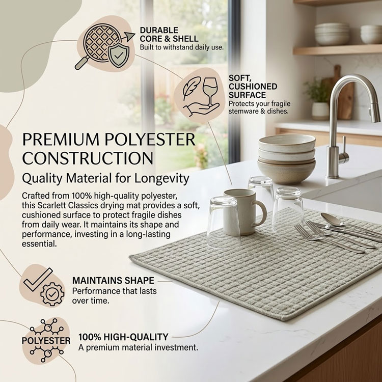 Grey cushioned polyester dish mat on kitchen counter.