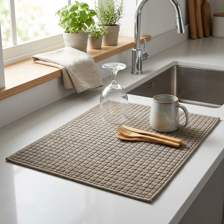 Khaki Scarlett Classics drying mat with kitchenware.