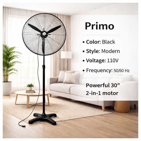 PRIMO 30" INDUSTRIAL 2-IN-1 WALL PEDESTAL FAN, BLACK | PR-3001S/W - Image 