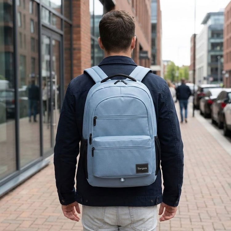 Blue Targus Octave II laptop backpack front view