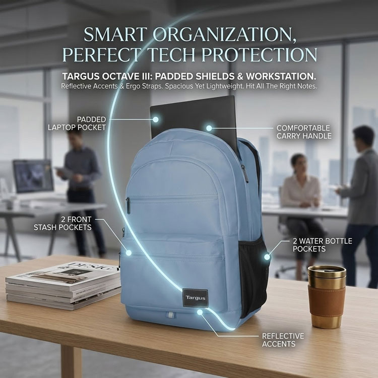 Internal workstation organizer inside Targus Octave backpack