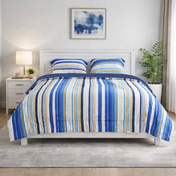 Reversible navy blue striped comforter with matching shams