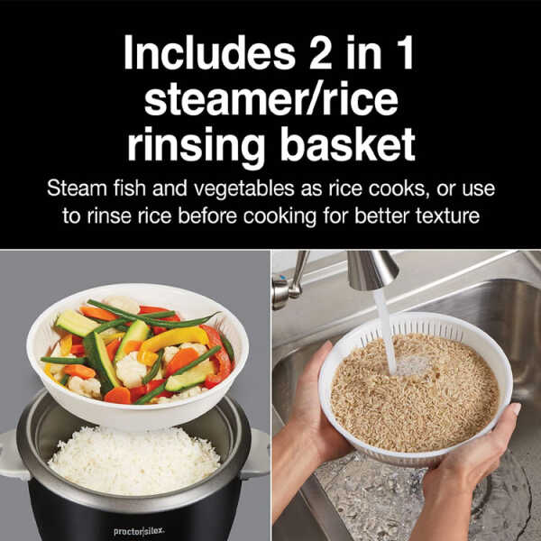 PROCTOR SILEX 1.5L RICE COOKER W/STEAMER 8CUP UNCOOKED/16CUPS COOKED 120V | 37527MN - Image 