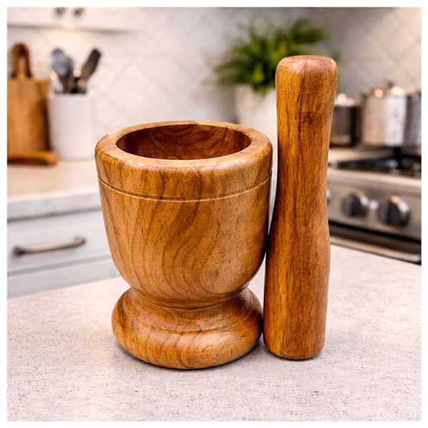 BENE CASA WOODEN MORTAR AND PESTLE | BC-65236 - Image 