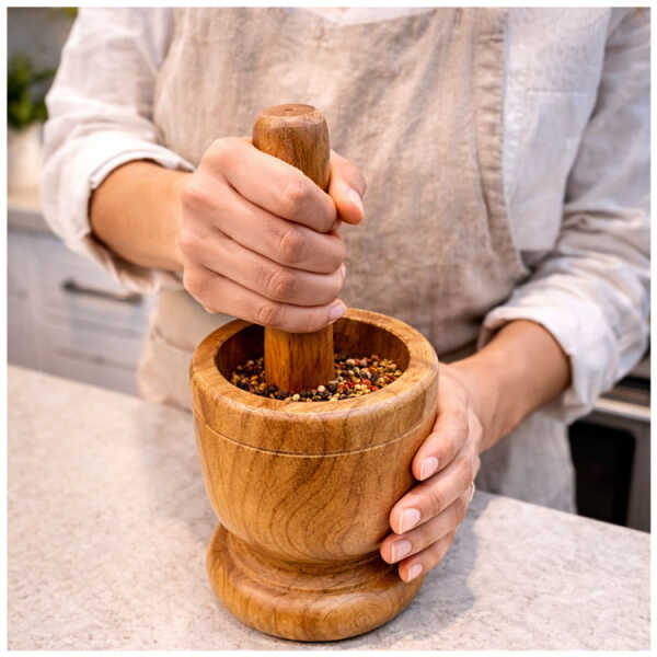 BENE CASA WOODEN MORTAR AND PESTLE | BC-65236 - Image 