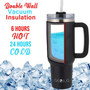 BRENTWOOD 40OZ/1.2L STAINLESS STEEL TRAVEL MUG W/ HANDLE, LID & STRAW BLACK | CMB1200BK - Image 