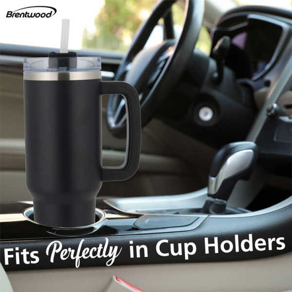 BRENTWOOD 40OZ/1.2L STAINLESS STEEL TRAVEL MUG W/ HANDLE, LID & STRAW BLACK | CMB1200BK - Image 