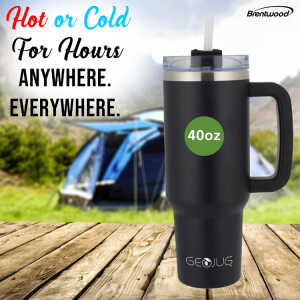 BRENTWOOD 40OZ/1.2L STAINLESS STEEL TRAVEL MUG W/ HANDLE, LID & STRAW BLACK | CMB1200BK - Image 