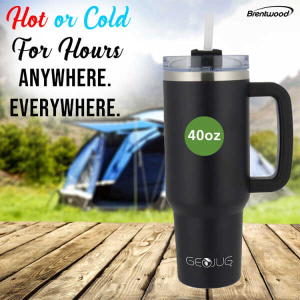 BRENTWOOD 40OZ/1.2L STAINLESS STEEL TRAVEL MUG W/ HANDLE, LID & STRAW BLACK | CMB1200BK - Image 